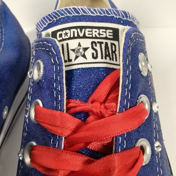 CONVERSE Custom Glitter Sneakers Swarovski Crystals Red White Blue USA Women 8 - Picture 8 of 15